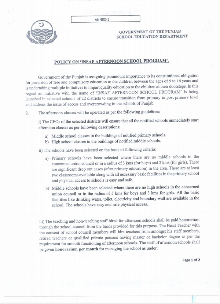GOVERNMENT OF THE PUNJAB SCHOOL EDUCATION DEPARTMENT POLICY ON 'INSAF AFTERNOON SCHOOL PROGRAM' 2022-23 GOVERNMENT OF THE PUNJAB SCHOOL EDUCATION DEPARTMENT POLICY ON 'INSAF AFTERNOON SCHOOL PROGRAM' 2022-23