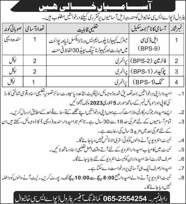 Petrol Depot ASC Khanewal Jobs 2022 for LDC And Fireman