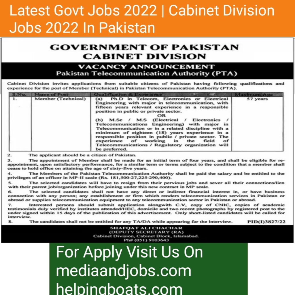 Latest Govt Jobs 2022 | Cabinet Division Jobs 2022 In Pakistan 