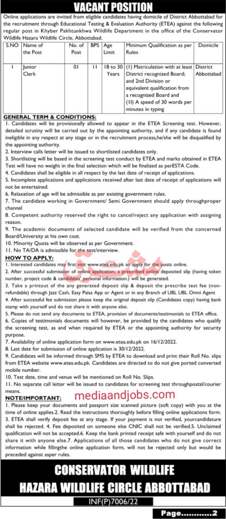 Conservator Wildlife KPK Jobs 2022 ETEA | Online Apply