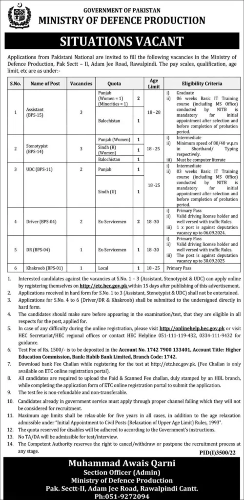 Ministry of Defence Jobs ad 2022 – وزارت دفاع