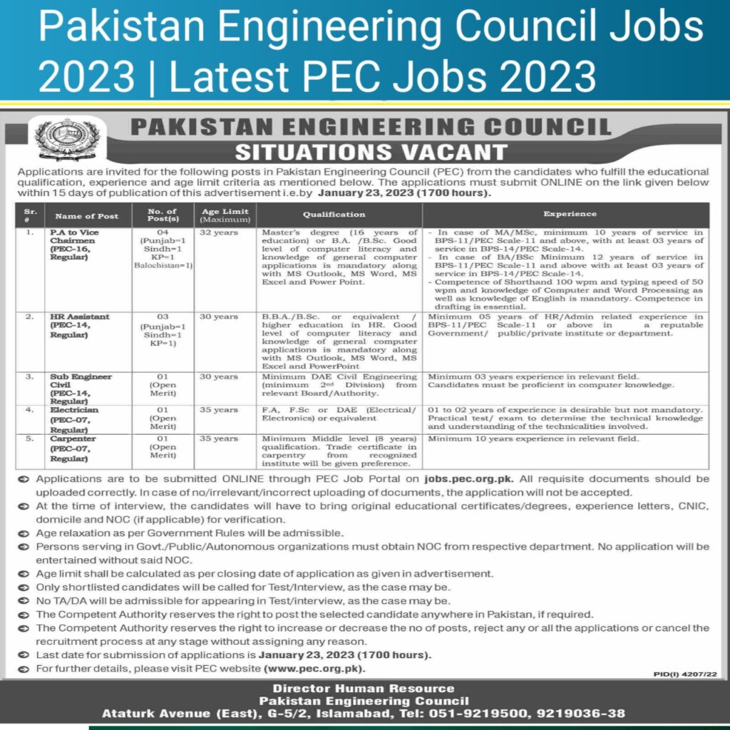 Pakistan Engineering Council Jobs 2023 | Latest PEC Jobs 2023