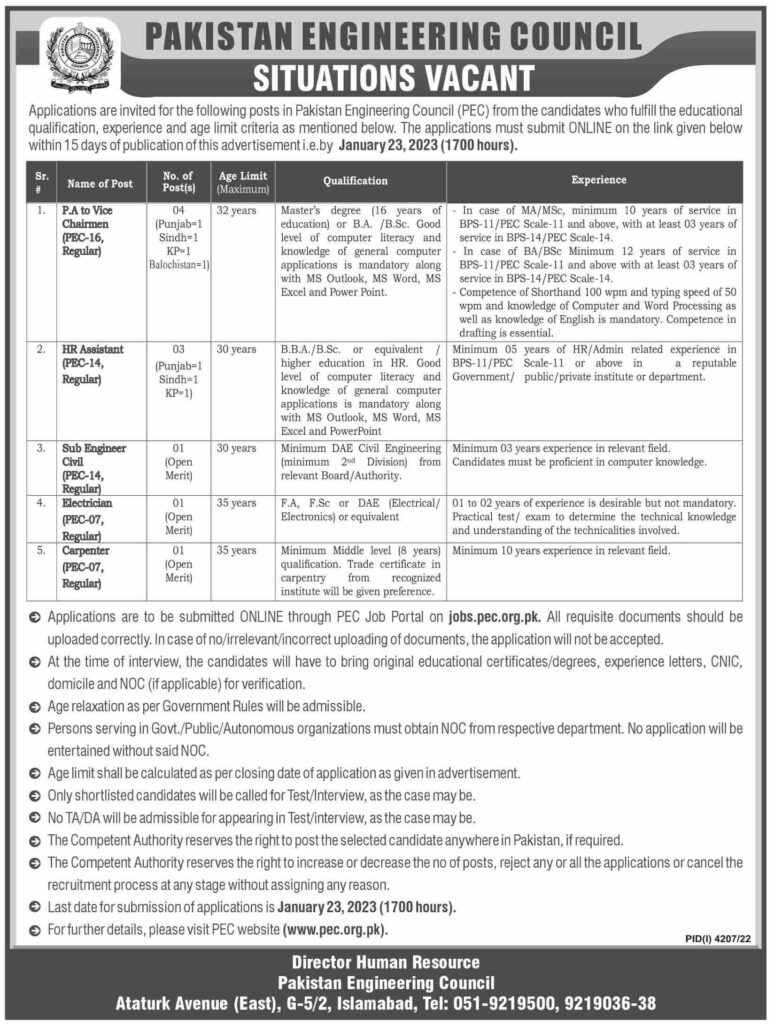 Pakistan Engineering Council Jobs 2023 | Latest PEC Jobs 2023