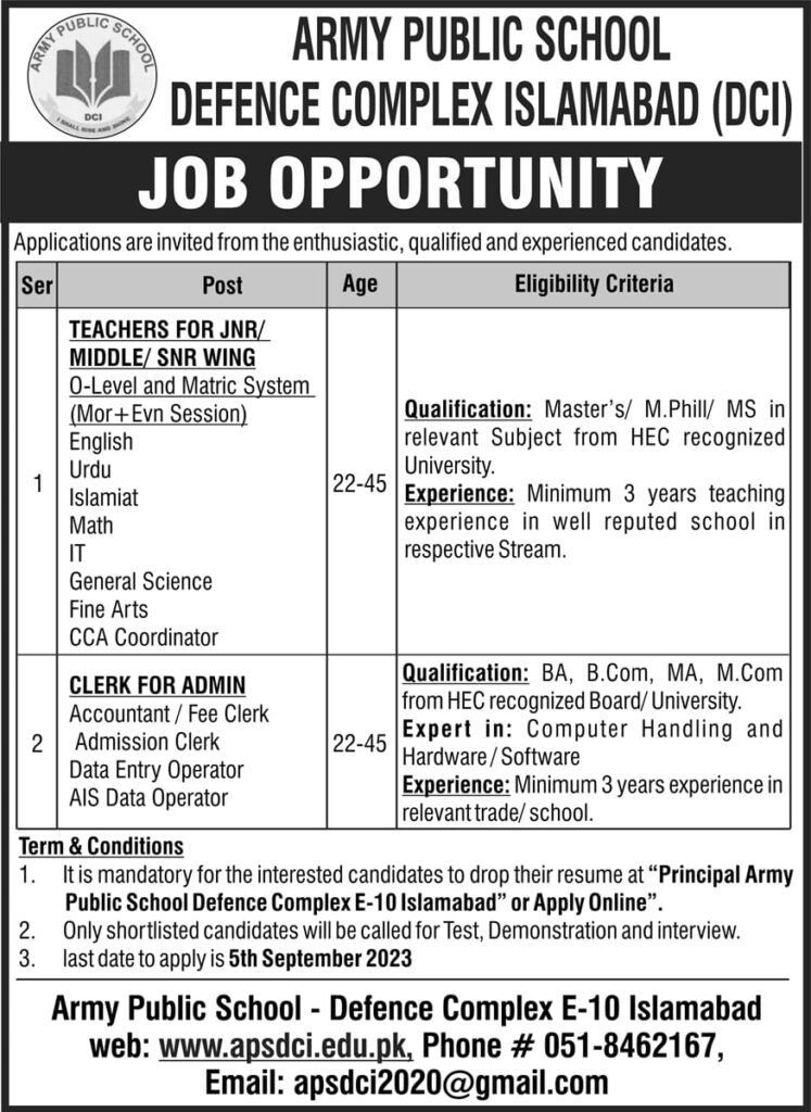 APS Islamabad Jobs 2023 | DCI (Army Public School)