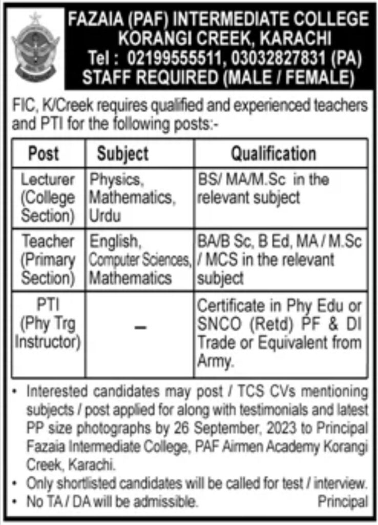 Fazaia College Jobs In Karachi 2023 - Apply Now