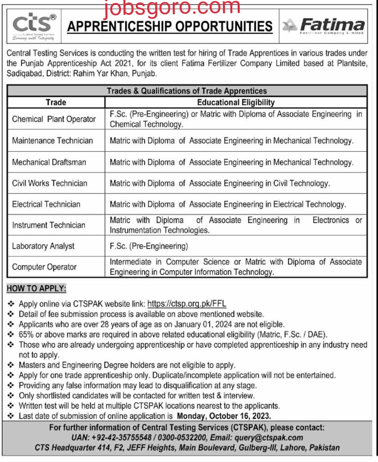 Fatima Fertilizer Apprenticeship - NTS Fatimafart Apply Online 2023