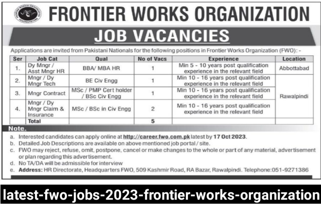 Latest FWO Jobs 2023 - Frontier Works Organization