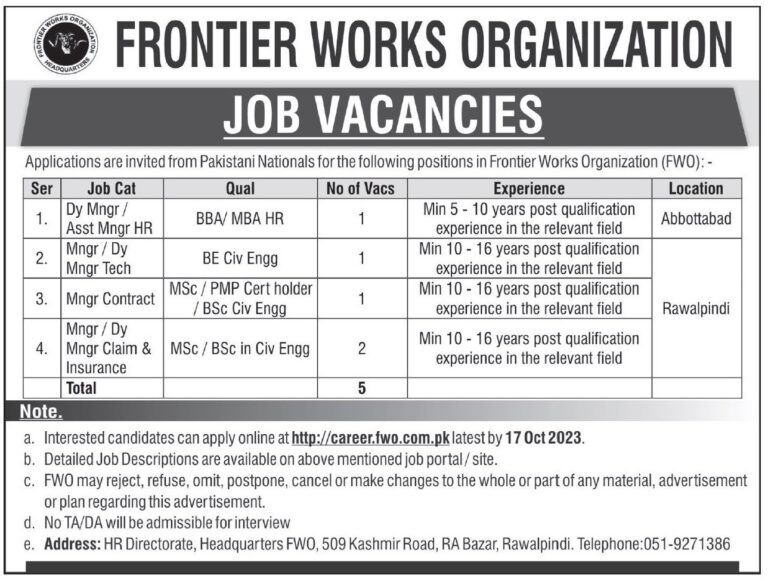 Latest FWO Jobs 2023 - Frontier Works Organization