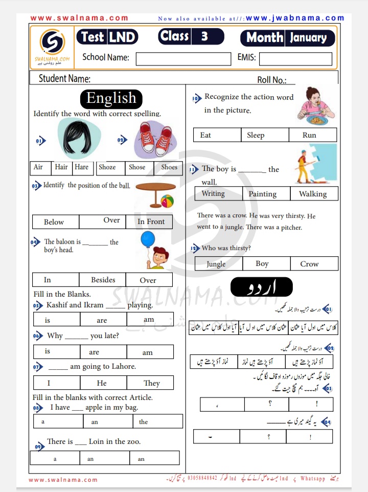 LND Test Grade 3 January 2024 | LND Monthly Practice Test (January 2024)