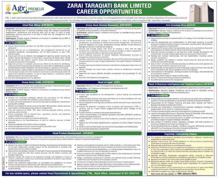 ZTBL Jobs January 2024 | Opportunities at Zarai Tarqiati Bank Limited