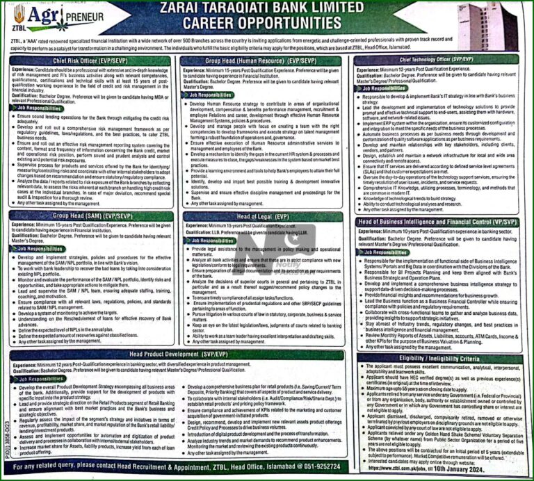 Exciting Career Opportunities at Zarai Taraqiati Bank Limited (ZTBL) 2024