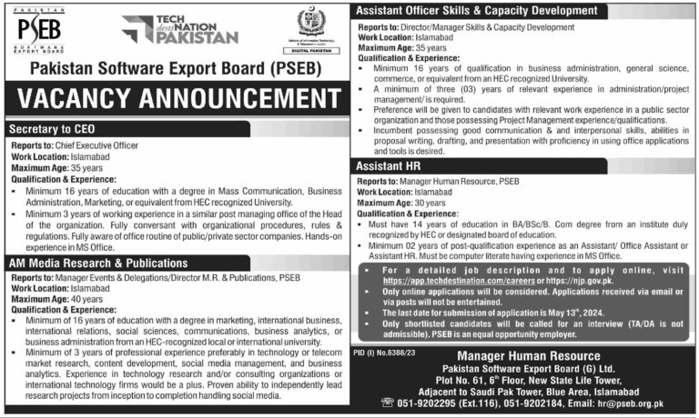 Pakistan Software Export Board (PSEB) Jobs 2024: Opportunities in the IT Sector