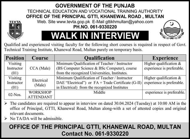 TEVTA Punjab Recruitment 2024: Opportunities in Lahore and Multan