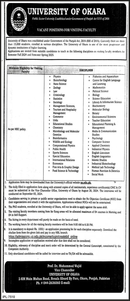 University of Okara Jobs (August 2024): Apply Online Now