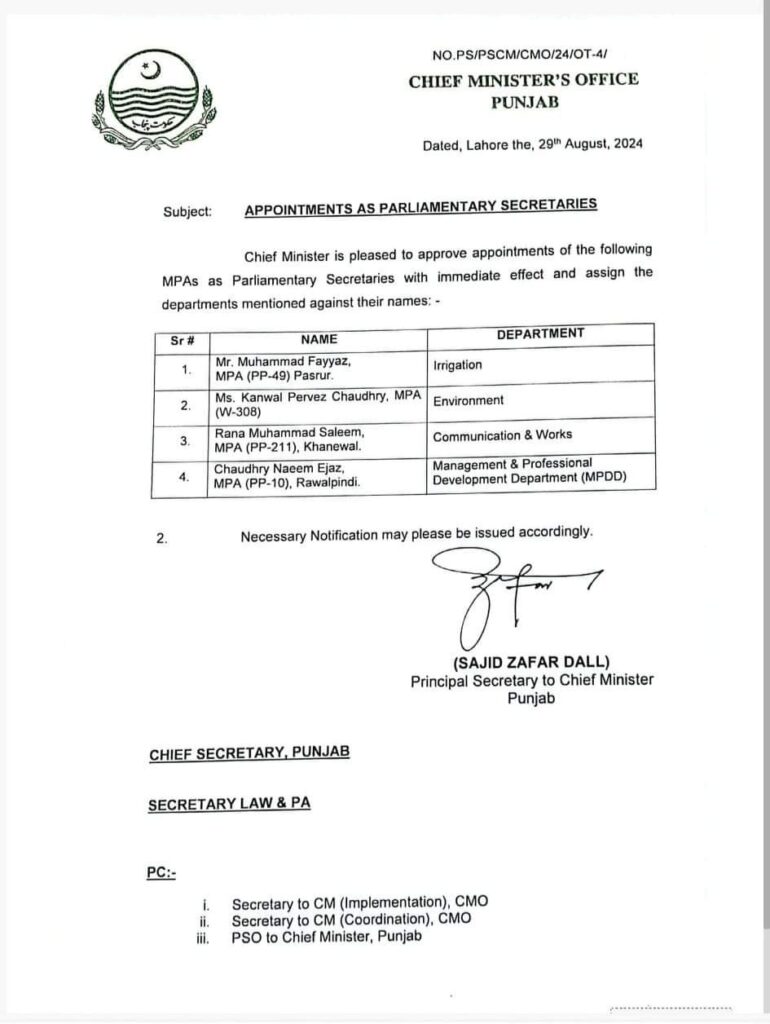 Approval of Appointment of Parliamentary Secretaries