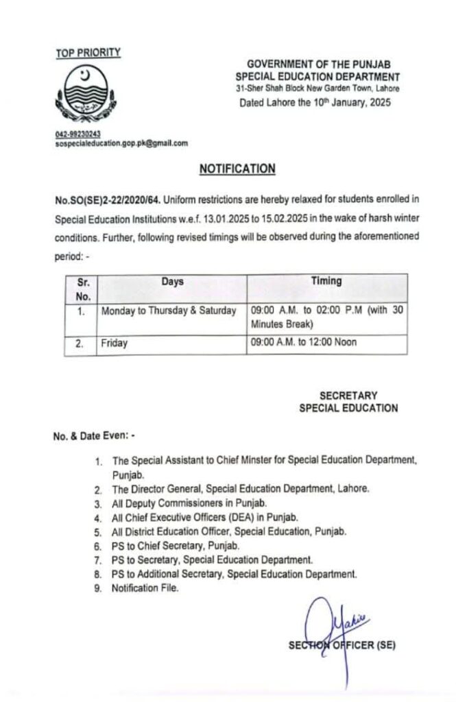 Winter School Timings Education Department