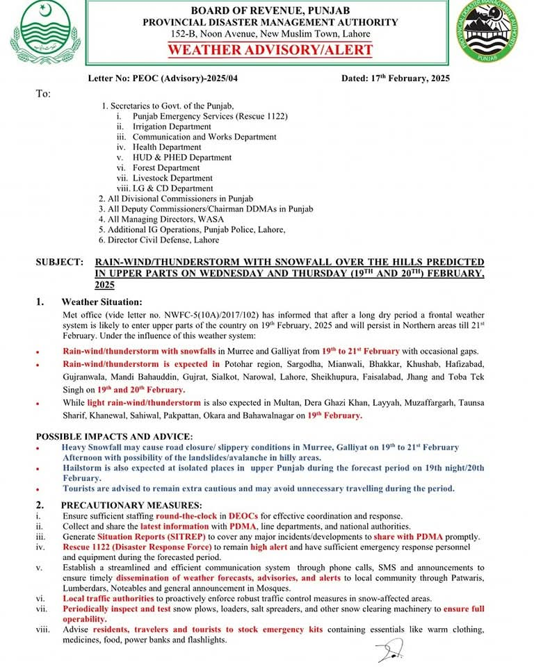 Rain-Wind and Thunderstorm with Snowfall Predicted Over Hills on 19th and 20th February 2025