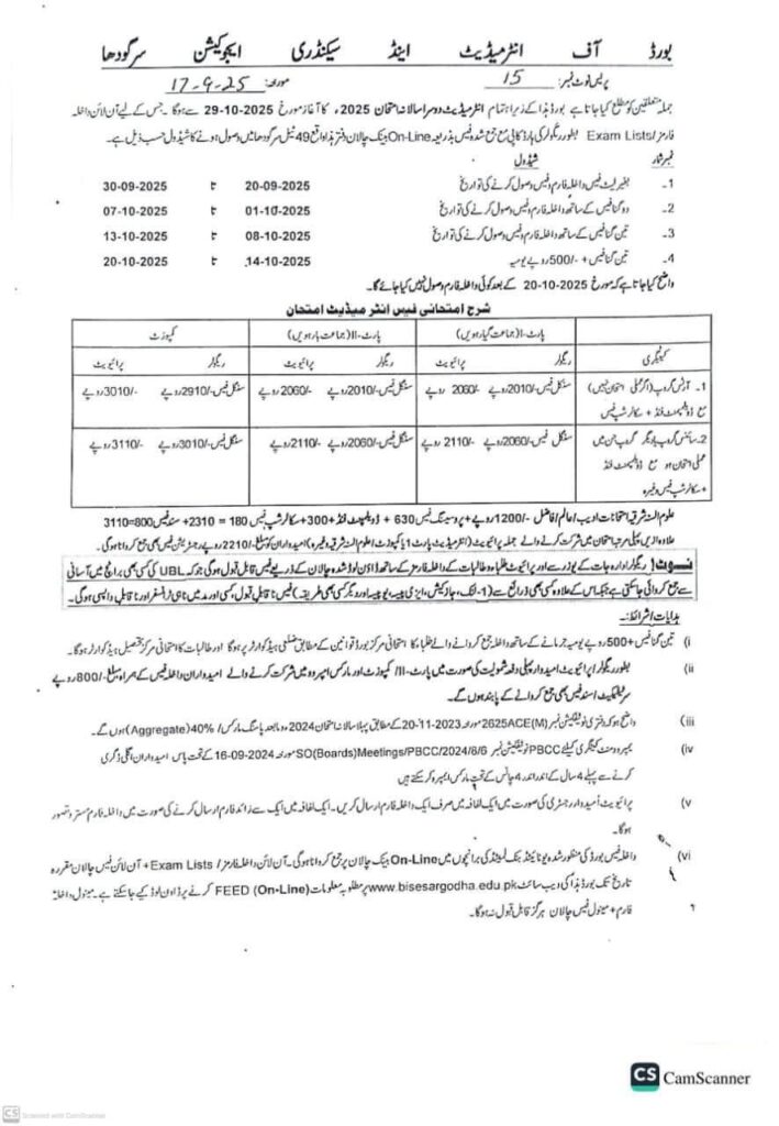 BISE Sargodha Intermediate Admissions 2025-2026