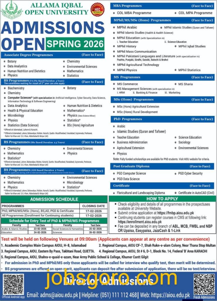 AIOU Spring 2026 Admissions Open - Apply for BS MS MPhil PhD & More Programs
