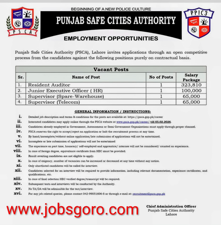 PSCA Jobs 2026 Lahore Apply Online